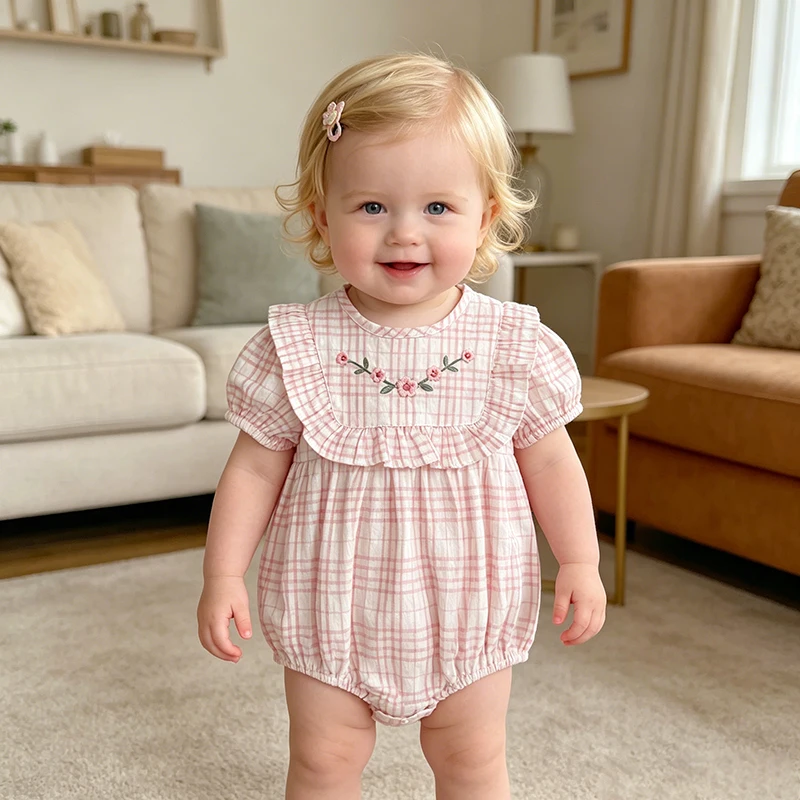  2026 Neugeborenen Sommer Neu 0-24M Baby Mädchen Strampler mit Gitter-Stickerei Kurzarm-Bodysuit Süßer Rosa Rundhals-Strampler