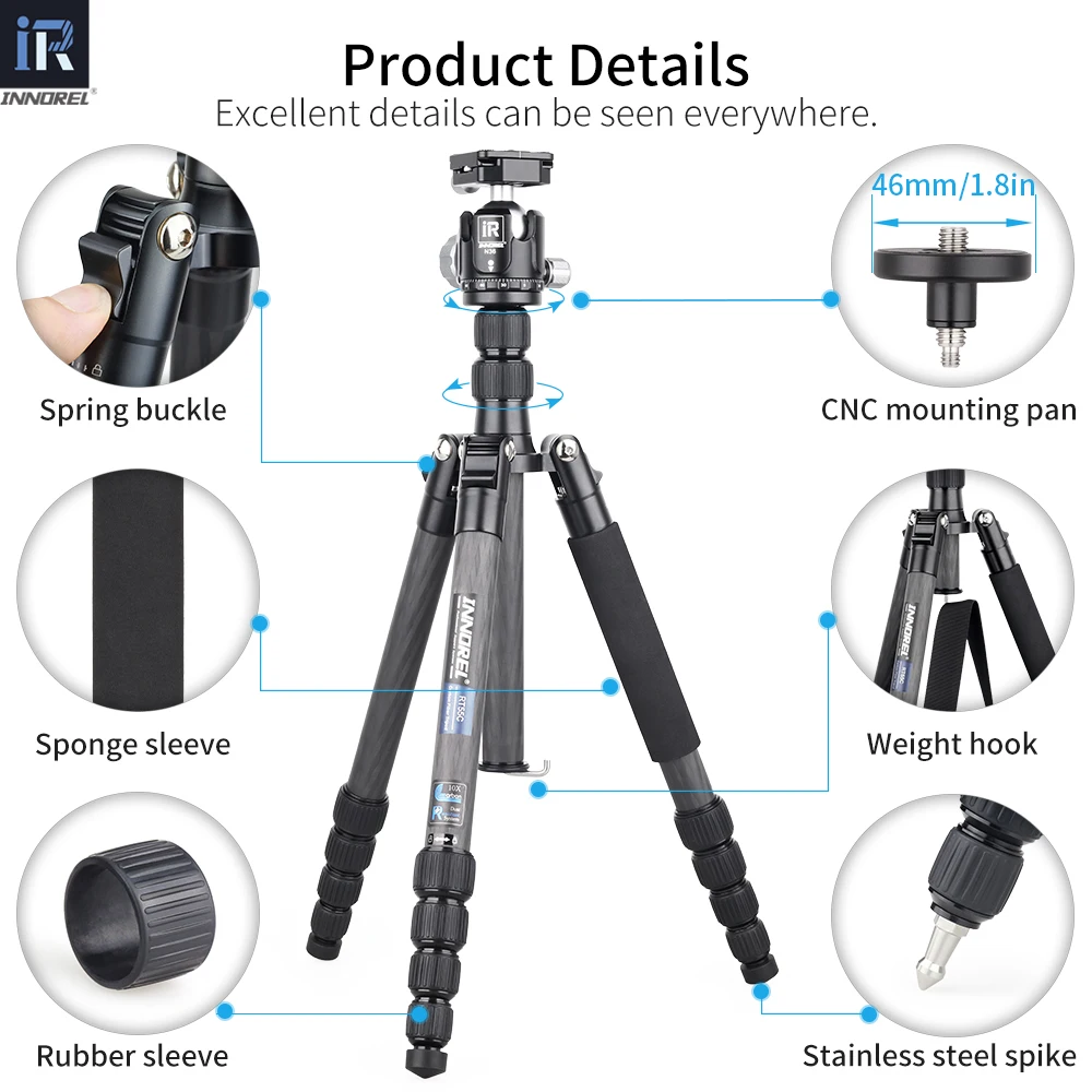 RT55C Professional 10 Layers Carbon Fiber Tripod video travel portable Monopod with ball head for DSLR camera Max Height 161cm