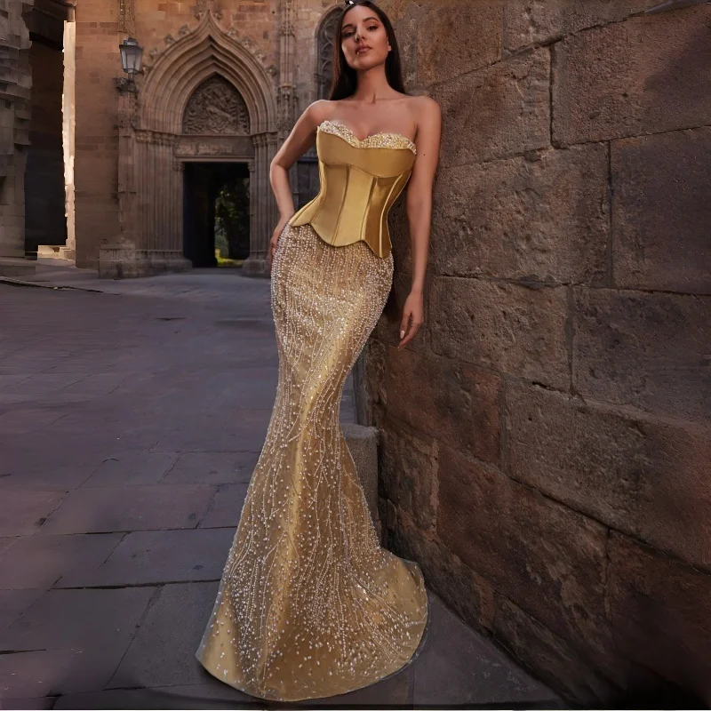 

Satin Strapless Sweetheart Mermaid Prom Dress Beaded Sequin Floor Length Women Formal Evening Gown Elegant Wedding Guest Party