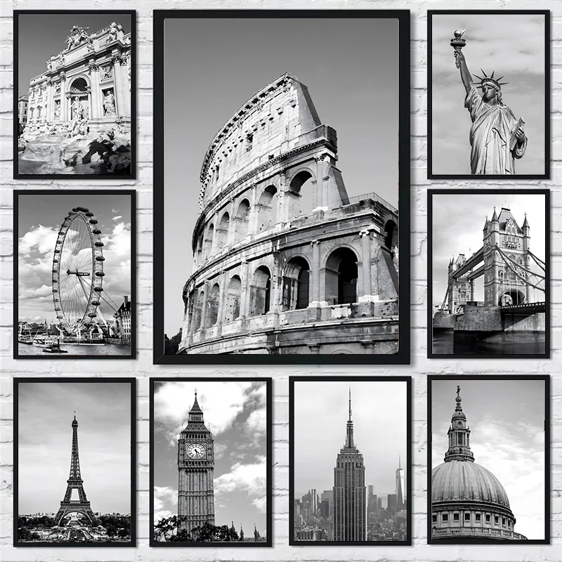 Black and White Rome London Tower Bridge New York Poster Prints Canvas Painting Wall Art Picture for Living Room Home Decor