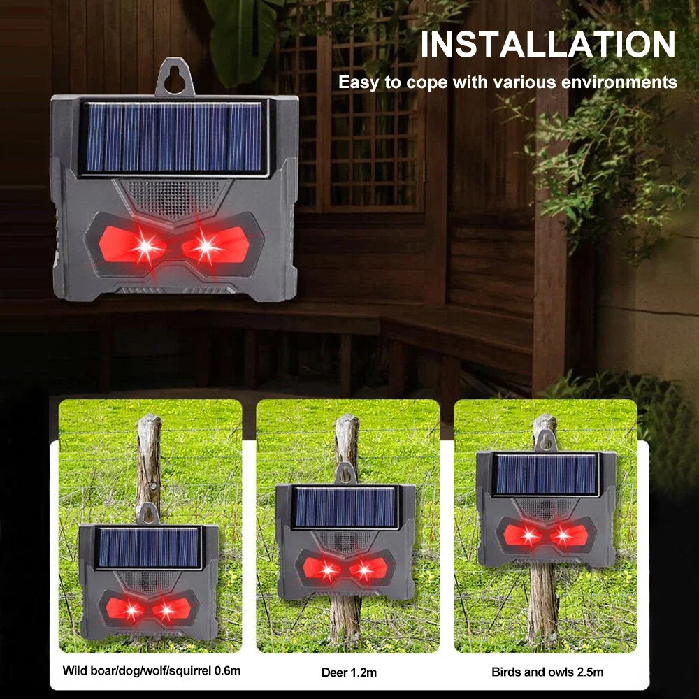 2 Stück solarbetriebene Tierabwehrgeräte mit roten und weißen LED-Blinklichtern, effektive Kontrolle für Hunde, Wiesel, Mäuse, Vögel, für den Außenbereich. – Detail 4