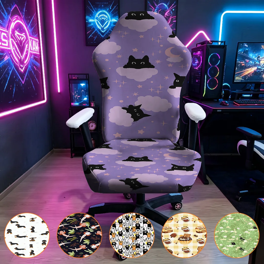 Kawaii Night Sky Kitten Pattern Gaming Chair Cover Stretch Spandex E-sports Chair Slipcover Removable Washable Protector