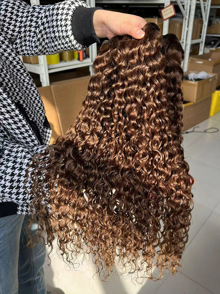 # 4 الشوكولاته براون موجة المياه عابث مجعد 10-30 بوصة حزم الشعر البشري موجة مجعد عميق بيرو عذراء الشعر الخام خياطة في حزم #2