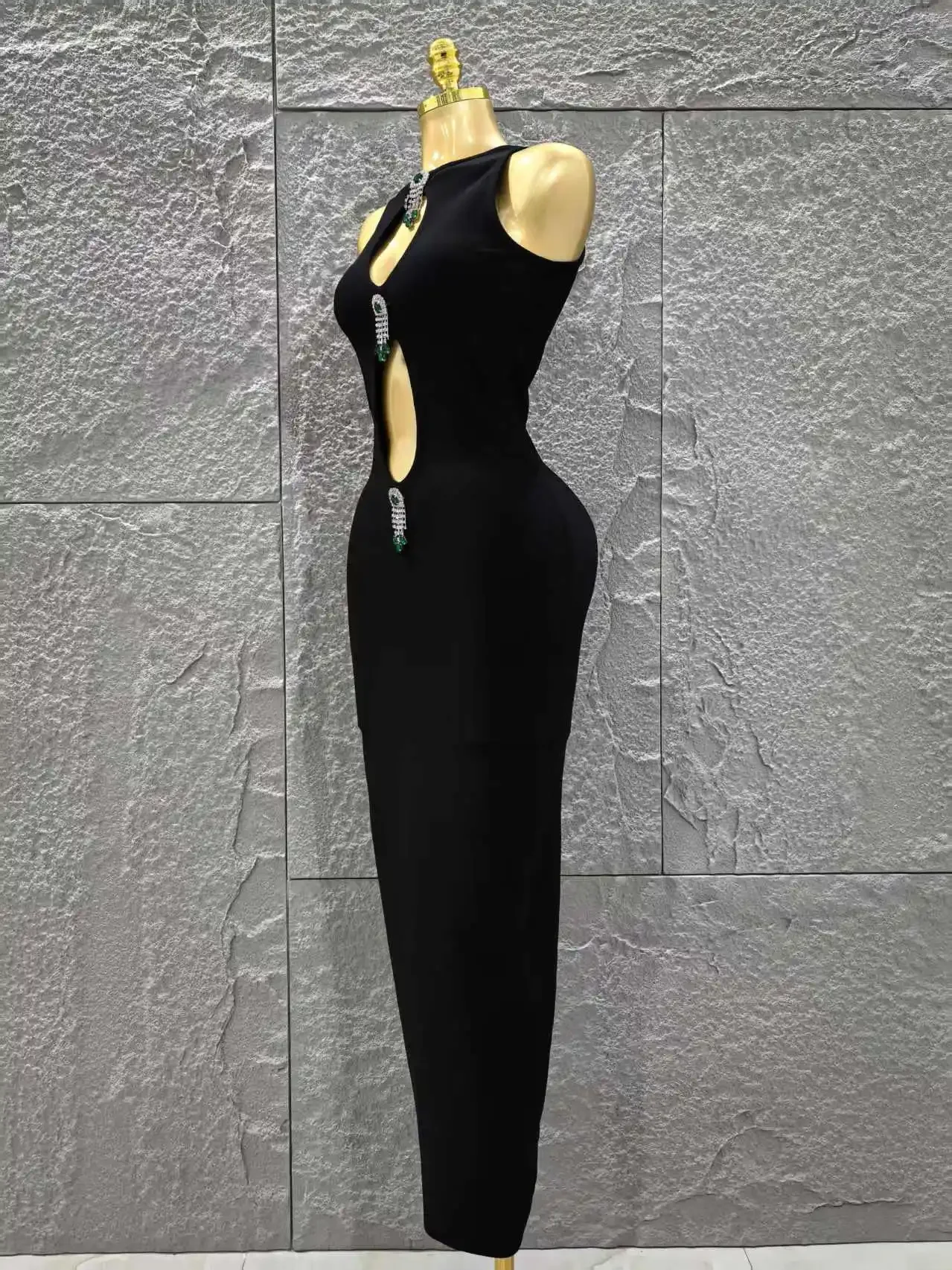 أعلى جودة المرأة أكمام مثير ثقوب المفتاح التسلق الماس Bodycon فستان طويل ضمادة مساء حفلة احتفال فستان كوكتيل