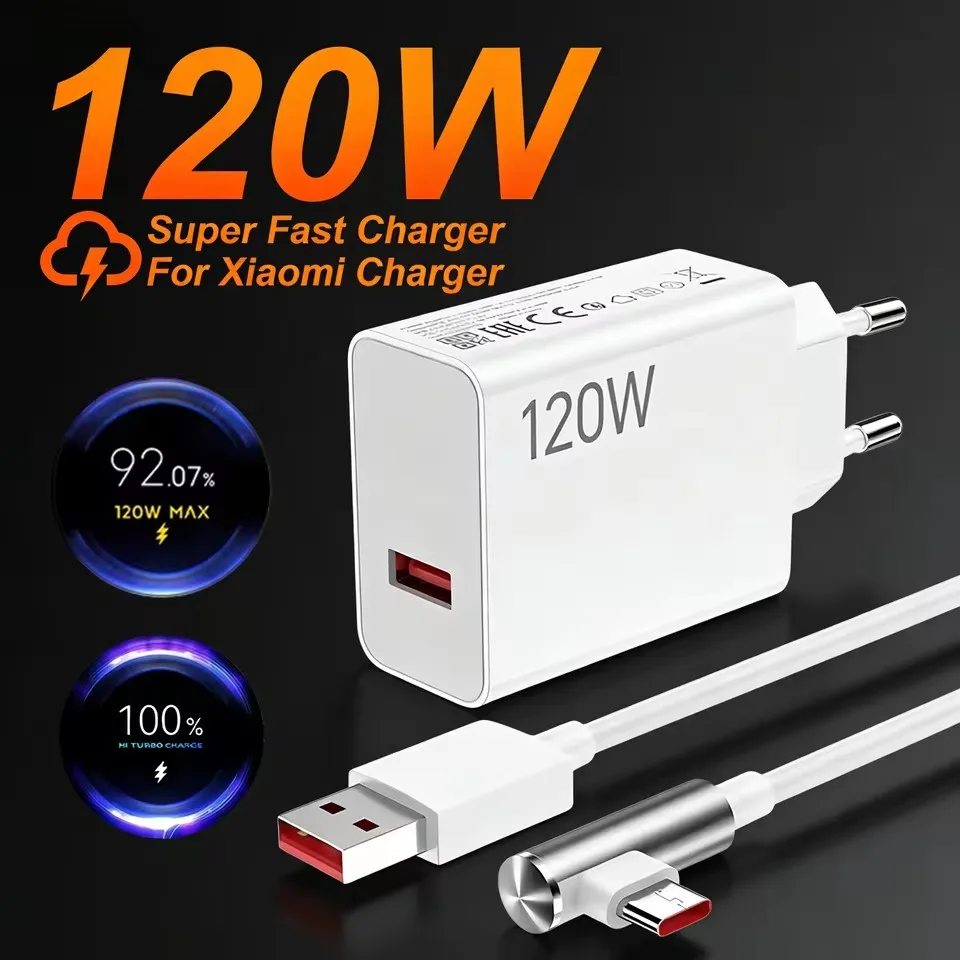 

120W Ultra Fast Charger EU Plug Type-C USB Quick Charging Cable for Xiaomi 13 14 15 Redmi Note 14 15 POCO X6 X7 90 Degree Elbow