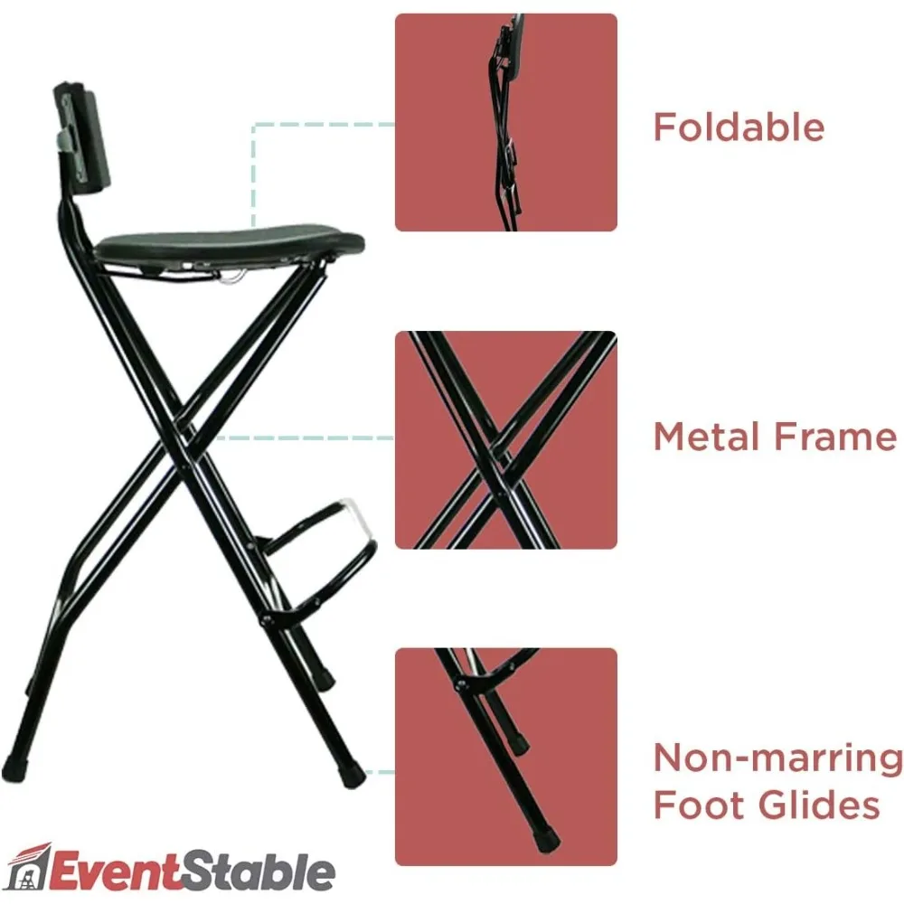 TitanPRO Folding Bar Stool with Backrest - Black Metal Frame Stool with Back Support - Durable and Sturdy Folding Stool for