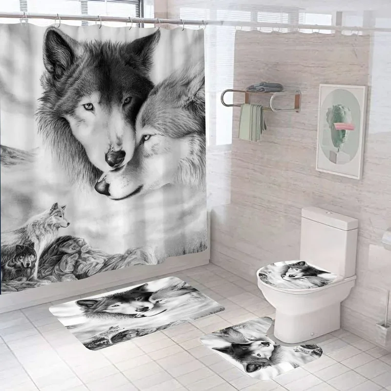 Wildlife gray wolves shower curtain set with rug art Black White Wolf bath curtains non-slip bathroom decor Mat toilet lid cover