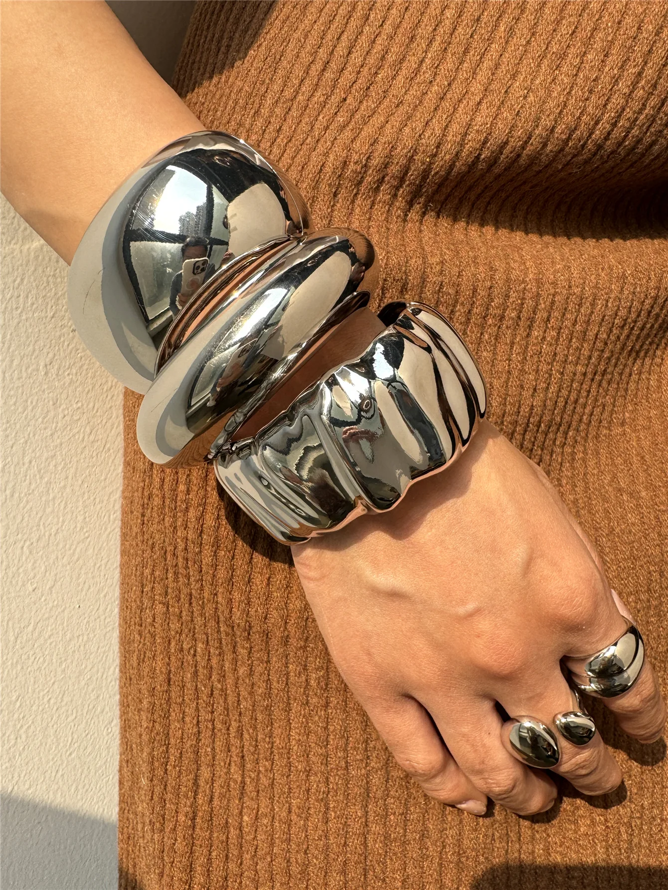 HangZhi Vintage Wide Cuff Bracelet Hip Hop Punk Gold Silver Color Geometric Metal Spring Bangles For Women Men Chunky Jewelry