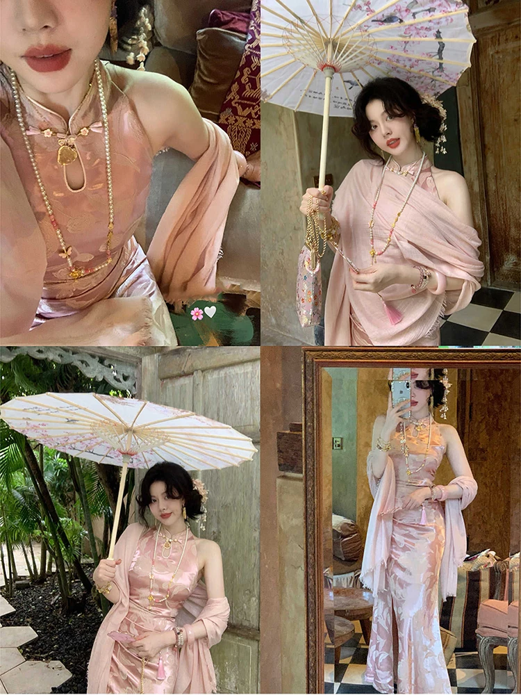 

Элегантный комплект Qipao Ele Jiangnan Beau 2025: Новинка лета, китайский стиль, длинное платье, сексуальный матовый дизайн, для повседневной носки