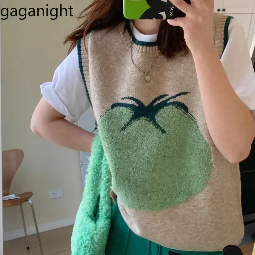 Gaganight Women 3D Jacquard Green Tomato Knitted Sweater Women Spring Autumn New Knitted Versatile Tank Top Fashion Vest