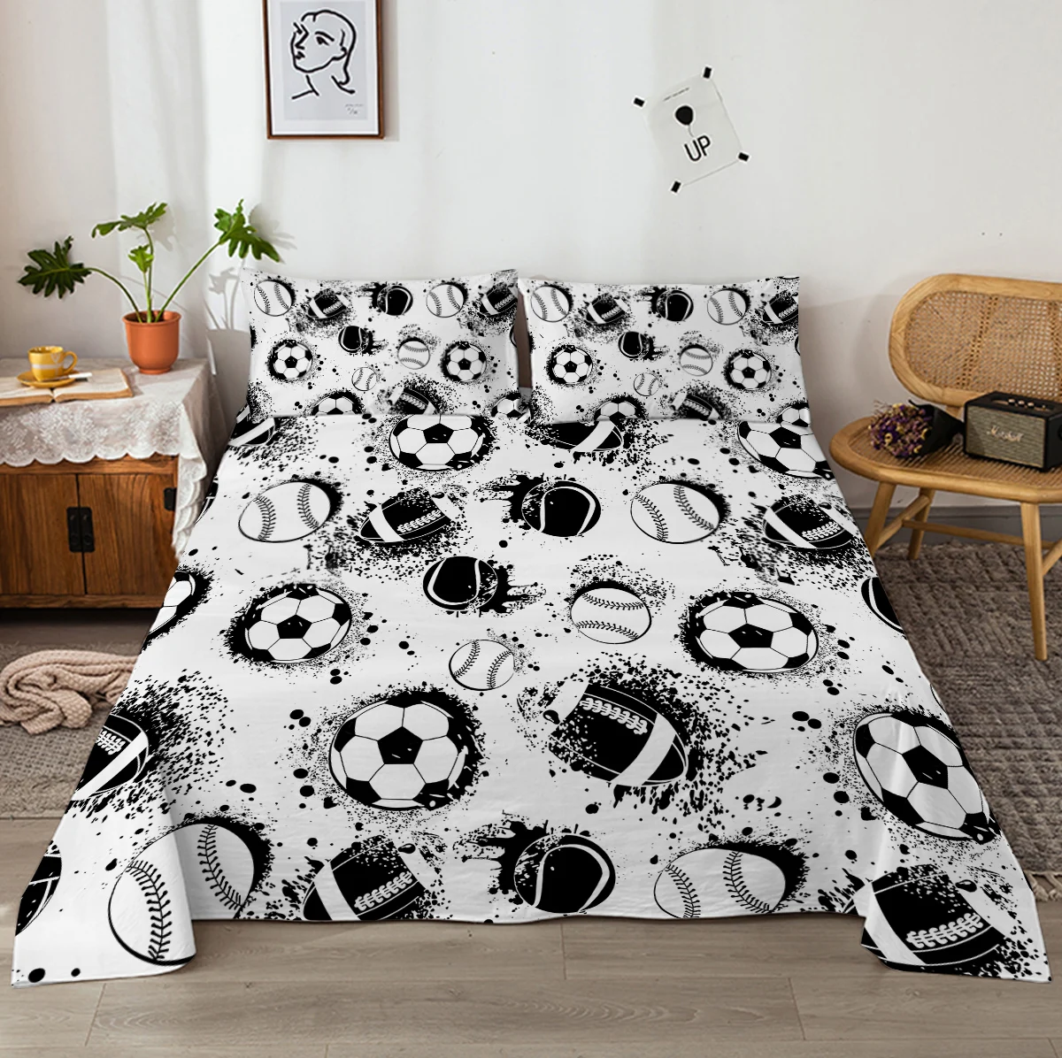 All Kinds Of Balls Like Soccer Tennis Baseball Rugby Sheet Set 4 Piece Black and White 1 Flat Sheet,1 Fitted Sheet,2 Shams