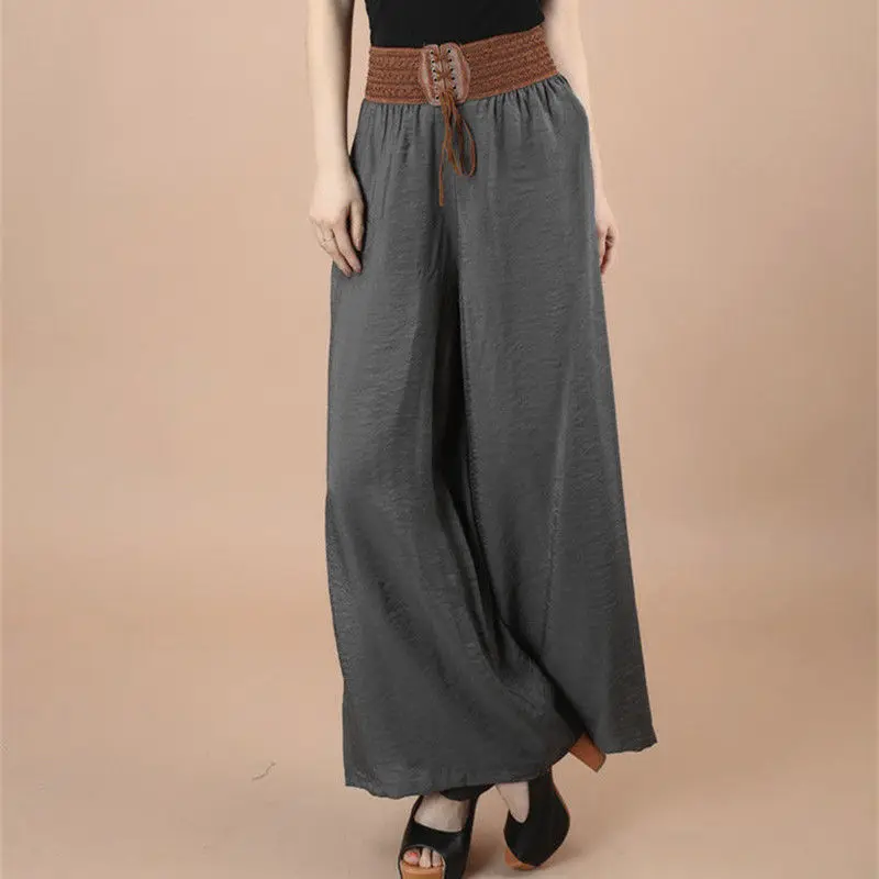 Korea Vintage Fashion Summer Women Pants Wide Leg Casual Loose Elastic Waist High Solid Drawstring Lace Up Ethnic Style Trousers