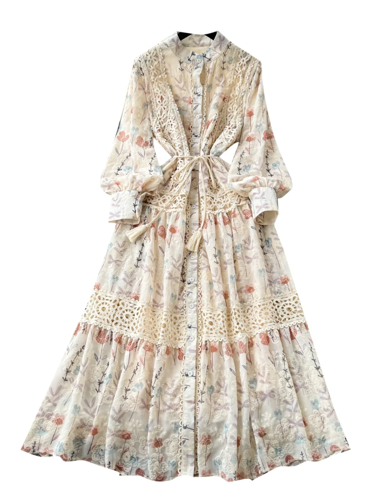 Französisch Stil Gedruckt Gestickte Fee Kleid High-end-Spitze Patchwork Taille Cinching Kleider Elegante Temperament Kleid Neue