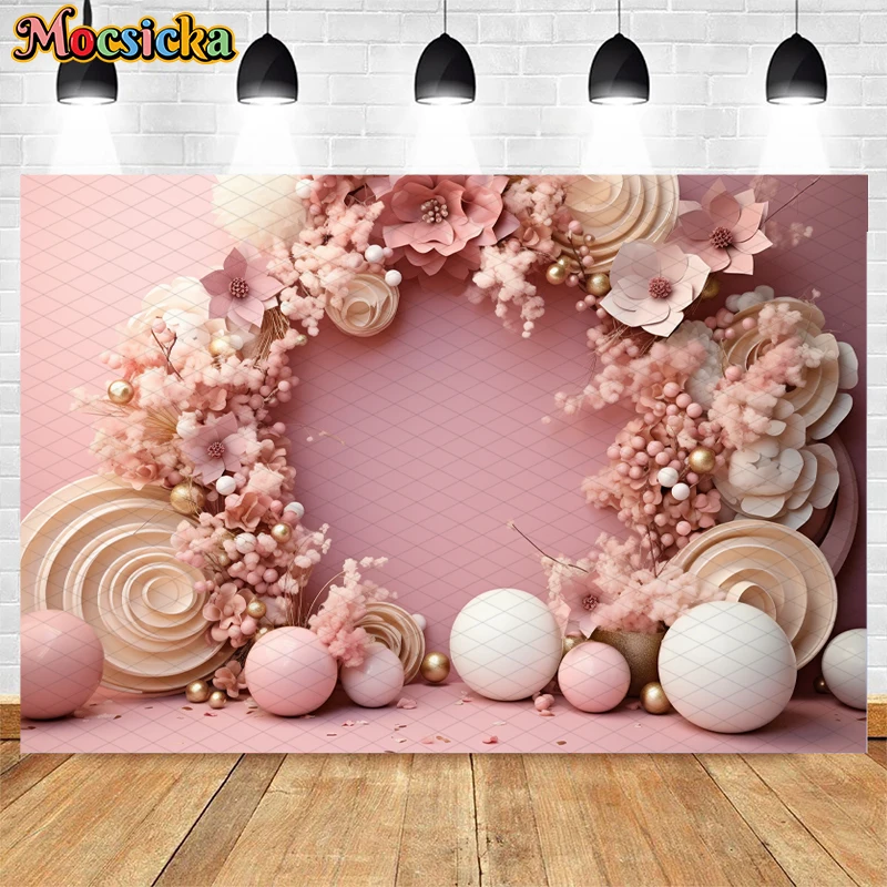 Pink Princess Girl Birthday Photography Background Balloon Arch Floral Decor Kids Portrait Cake Smash Backdrop Photo Studio