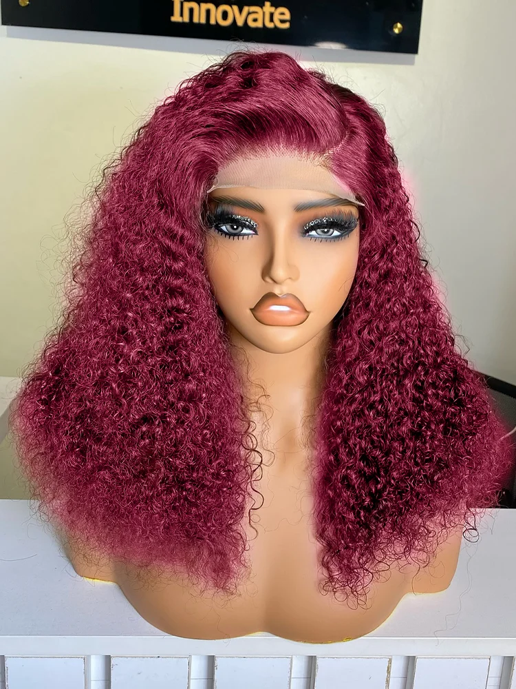 Peluca con malla Frontal Borgoña 99J de 250 de densidad, peluca de pelo corto Bob, peluca Frontal de onda profunda de cabello humano 13x4, pelucas rizadas de color rojo 13x6