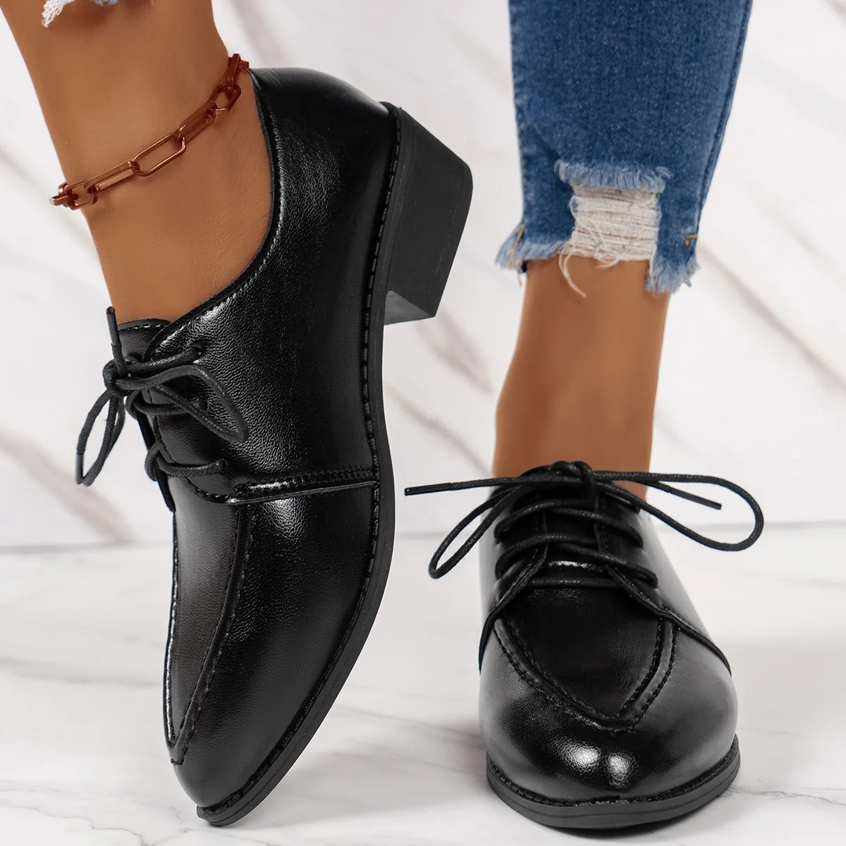 Elegant Patent Leather Dress Shoes for Women  Spring Summer Fashion Pointed Toe Thick Heels Single Shoes Plus Size 43