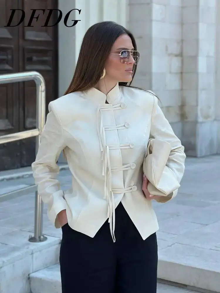 DFDG Women 2026 Spring Summer Chinese Style Cropped Blazer Stand Collar Tassel Frog Button Long Sleeve Slim Fit Blouse