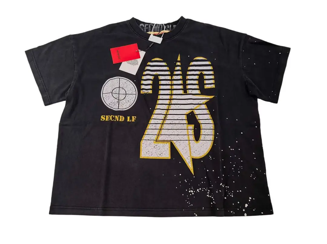 Vintage Washed Distressed T-shirt Men Letter Target Print Splatter Paint Oversized Tee Loose Cotton Short Sleeve Hip Hop Top Tee