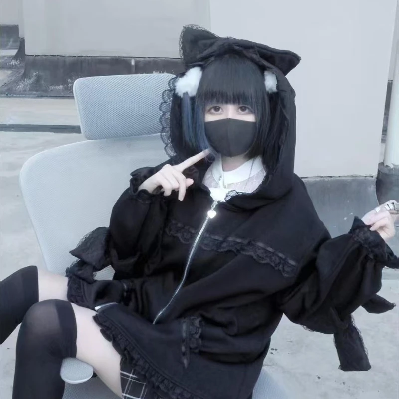 Subculture Gothic Lolita Hoodies Women Harajuku Y2k Lace Bow Cat Ear Hooded Coats Grunge Loose ​Long Sleeves Zipper Sweatshirt view 6