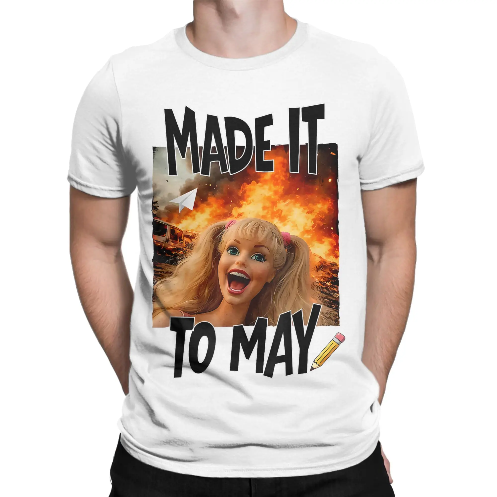 Men T-Shirt Made it to May Teacher Funny Doll Meme Last Day of School Fun 100% Cotton Tees Short Sleeve  T Shirt Crewneck Tops
