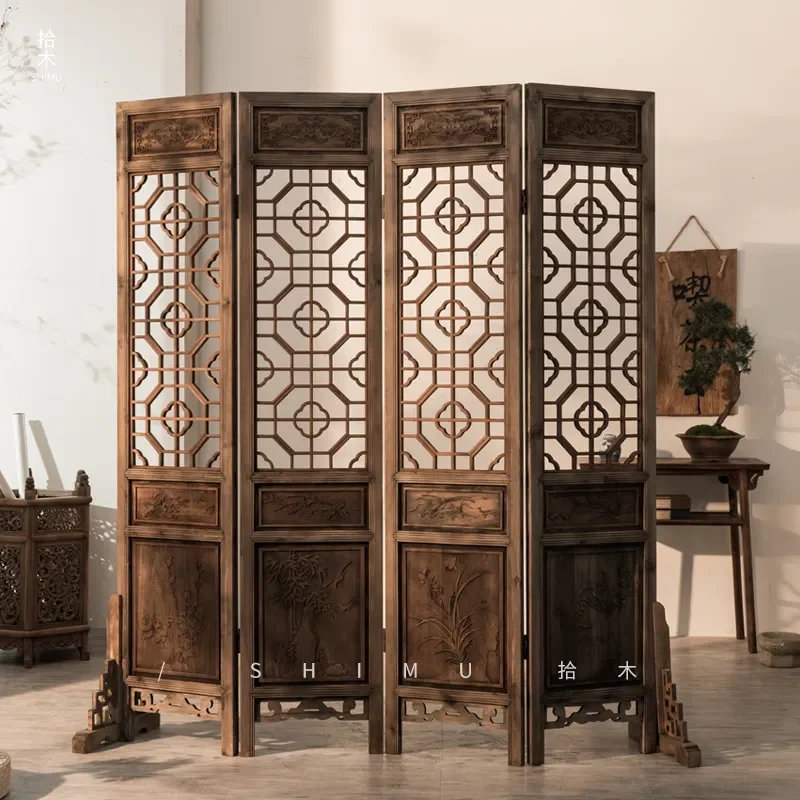 Chinese Antique Old Furniture Retro Imitation Wood Screen Partition Hollow Carving Classical Ming Qing Dynasty Style Decor