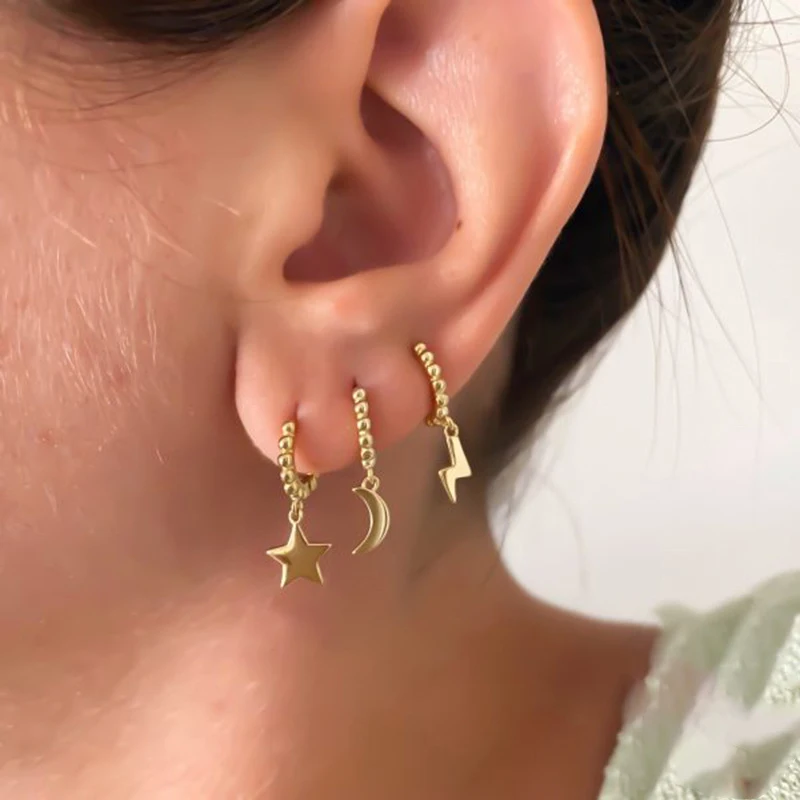Star Hoop Earrings Gold Color Geometric Small Pendant Huggie Punk Hip-Hop Piercing Earrings For Women Stainless Steel Jewelry
