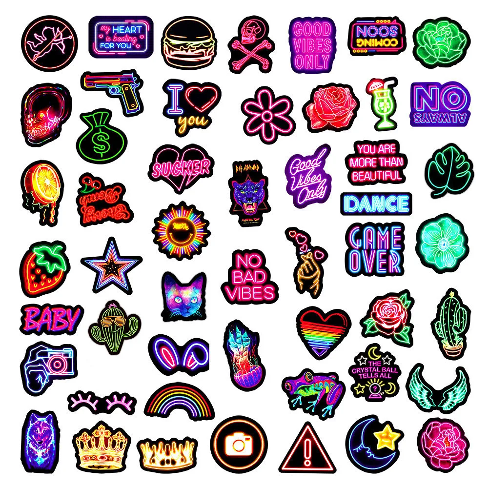 50/100pcs Neon Light Stickers for Skateboard Laptop Luggage Phone Case Car Motorcycle Bike Cool Waterproof Decals Sticker Kids