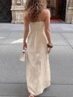 Elegant Beige Summer Corset Maxi Dress Women Sexy Side Split Ruched Bodycon Dresses Chic Sleeveless Party Night Clubwear Robe - Image 2