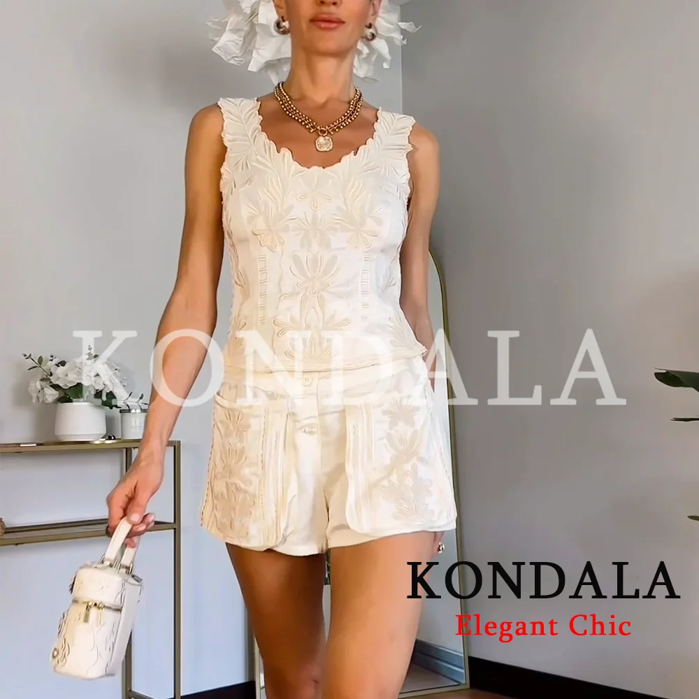 KONDALA Women Trendy Embroidery Luxury Shorts Set Sleeveless Top Belt Shorts New Fashion 2026 Summer Fall Holiday Party Lady Set