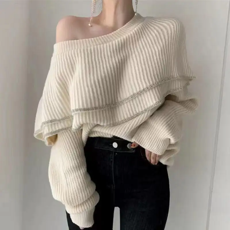 Fashion Trend French Retro Double-layer Ruffle Edge Off-the-shoulder Design Sense Long-sleeved Knitted Sweater Women's Trend