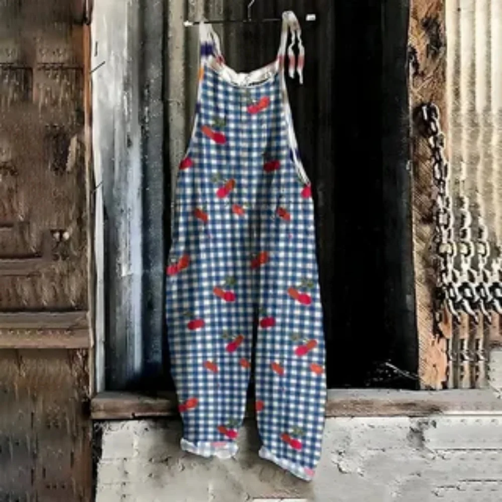 Summer 2025 women's jumpsuit, 3D cartoon checkered print fashionable, cute and versatile jumpsuit, adjustable shoulder straps