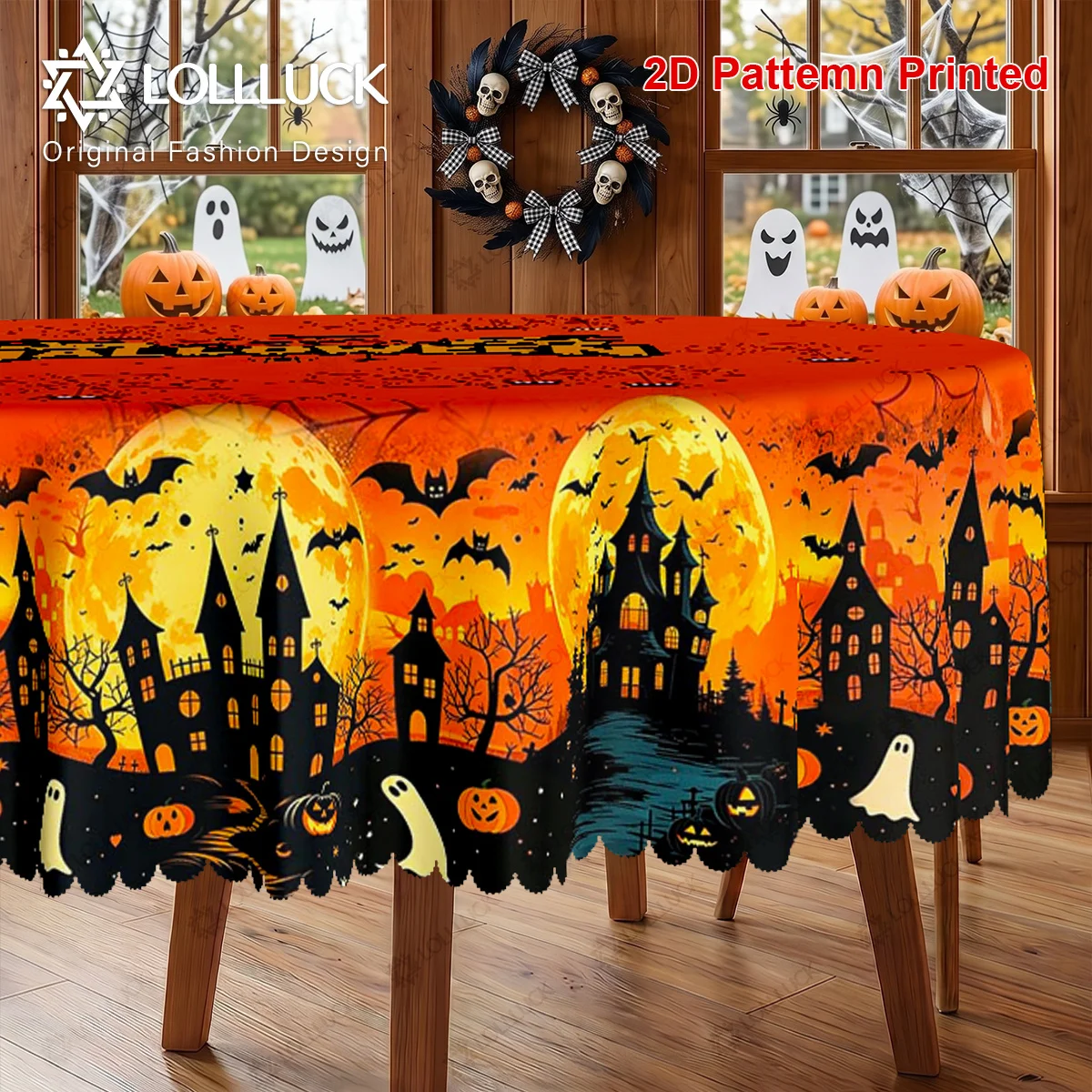 1 item, Halloween-themed party tablecloth, pumpkin lanterns, ghosts, castle, cross, spider webzyc