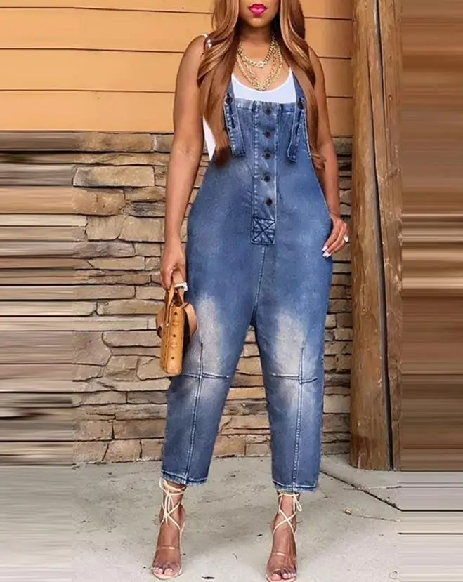 

2023 Denim Jumpsuit Women's Overall Fashion Split Loose Wide Leg Pocket Button Slim Blue Suspenders Vintage Women's jumpsuit