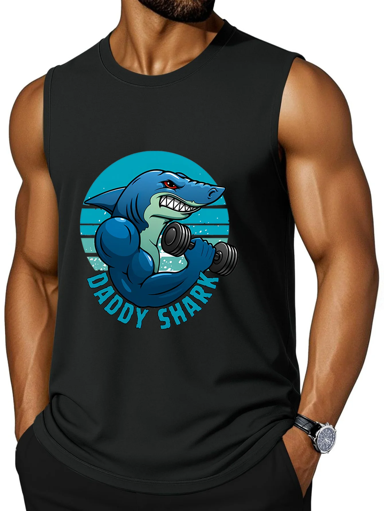 CLOOCL A Muscular Buff Shark Lifting Dumbbells Printed Vest Fashion Sports Vests Summer Men's Sleeveless T-Shirt Casual Top