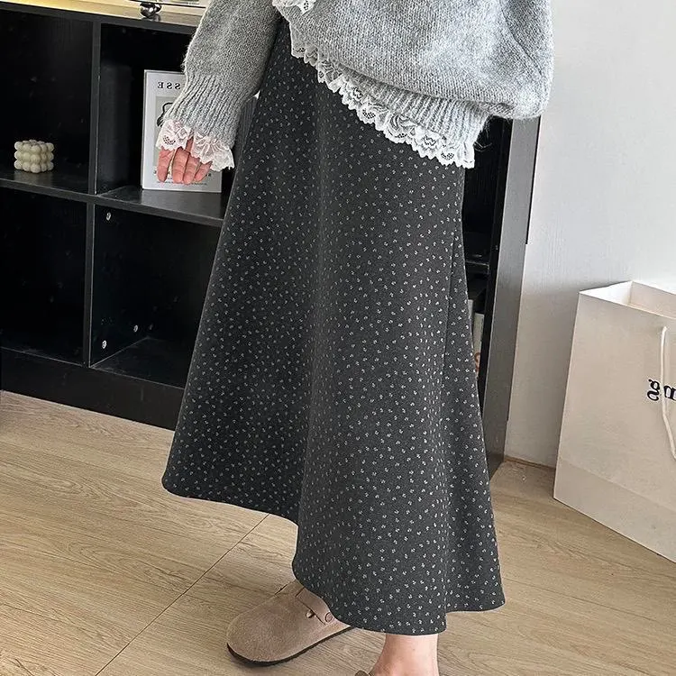 Elegant Floral Polka Dot Gray Midi Skirt For Women Harajuku Retro Loose Big Swing Umbrella Skirts Spring Casual Office Commut