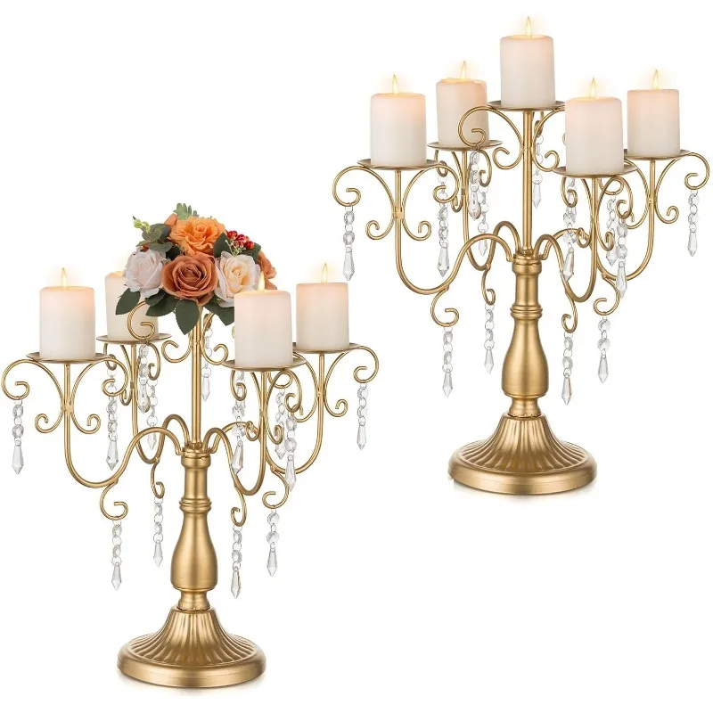 

Gold Candelabra Candle Holder - 5 Arm Pillar Candle Holders with Crystal Beads for Christmas Table Centerpiece Halloween Wedding