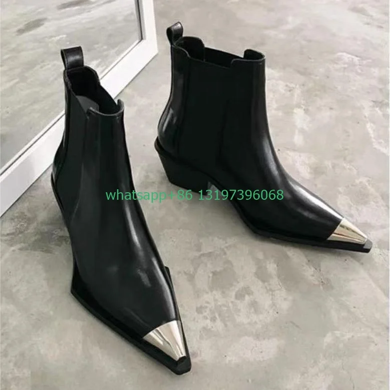 Lady pointed toe metal toe design ankle boots chunky heel metal sliver toe boots punk Gothic style party boots causal dress shoe