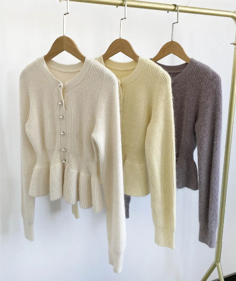 Kuzuwata Lantern Sleeve O Neck Sweet Jumper Fresh Single Breasted Slim Fit Sweaters Japan Knit Casual Elegant Wavy Edge Tops