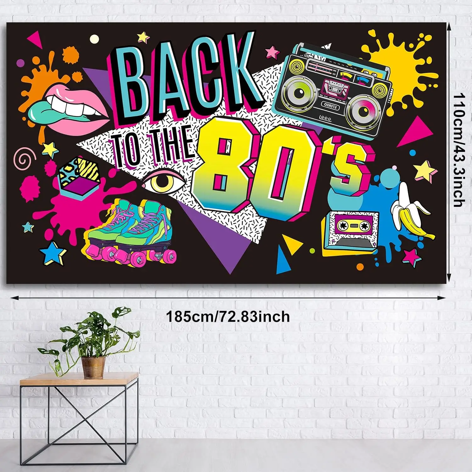 Retro 80s Disco Tapestry Wall Decor Pop Art Neon Style Vintage Nostalgia Boombox Roller Skates Polyester Poster Hanging