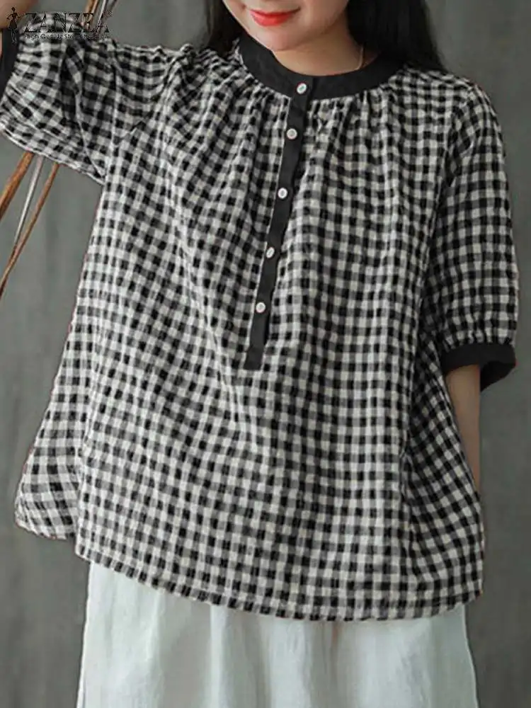 ZANZEA Summer Vintage Checked Blouses Women Casual Color Block O Neck Half Sleeve Gingham Blusas Korean Daily Commute Shirt Tops