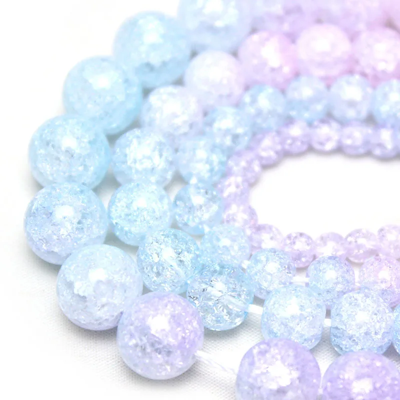 Natural Pink Blue Snow Cracked Crystal Stone Round Loose Beads For Jewelry Making DIY Necklace Bracelet 15inches 4/6/8/10mm