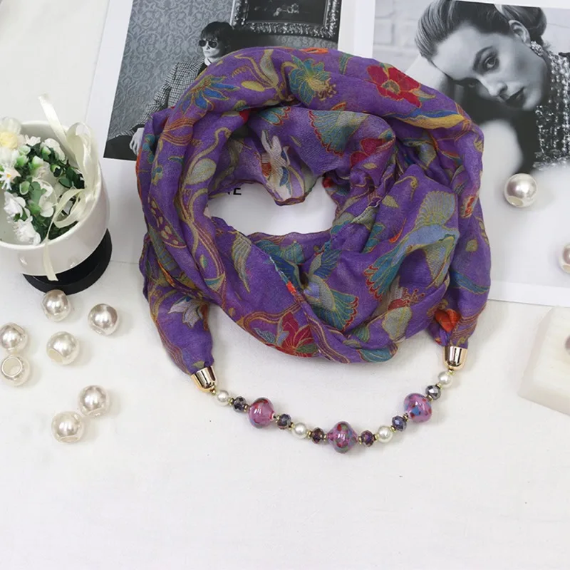 Women Artistic Print Beaded Chain Decorative Scarf No Match Neck Wrap Neck Ornament for All Seasons