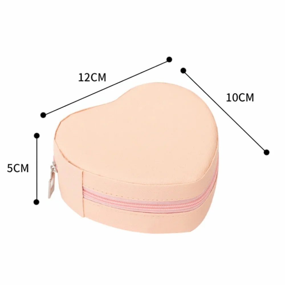 Portable Solid Color Heart Shaped Leather Jewelry Box Zipper Closure Travel Storage Case for Earrings Rings Necklaces Organizer