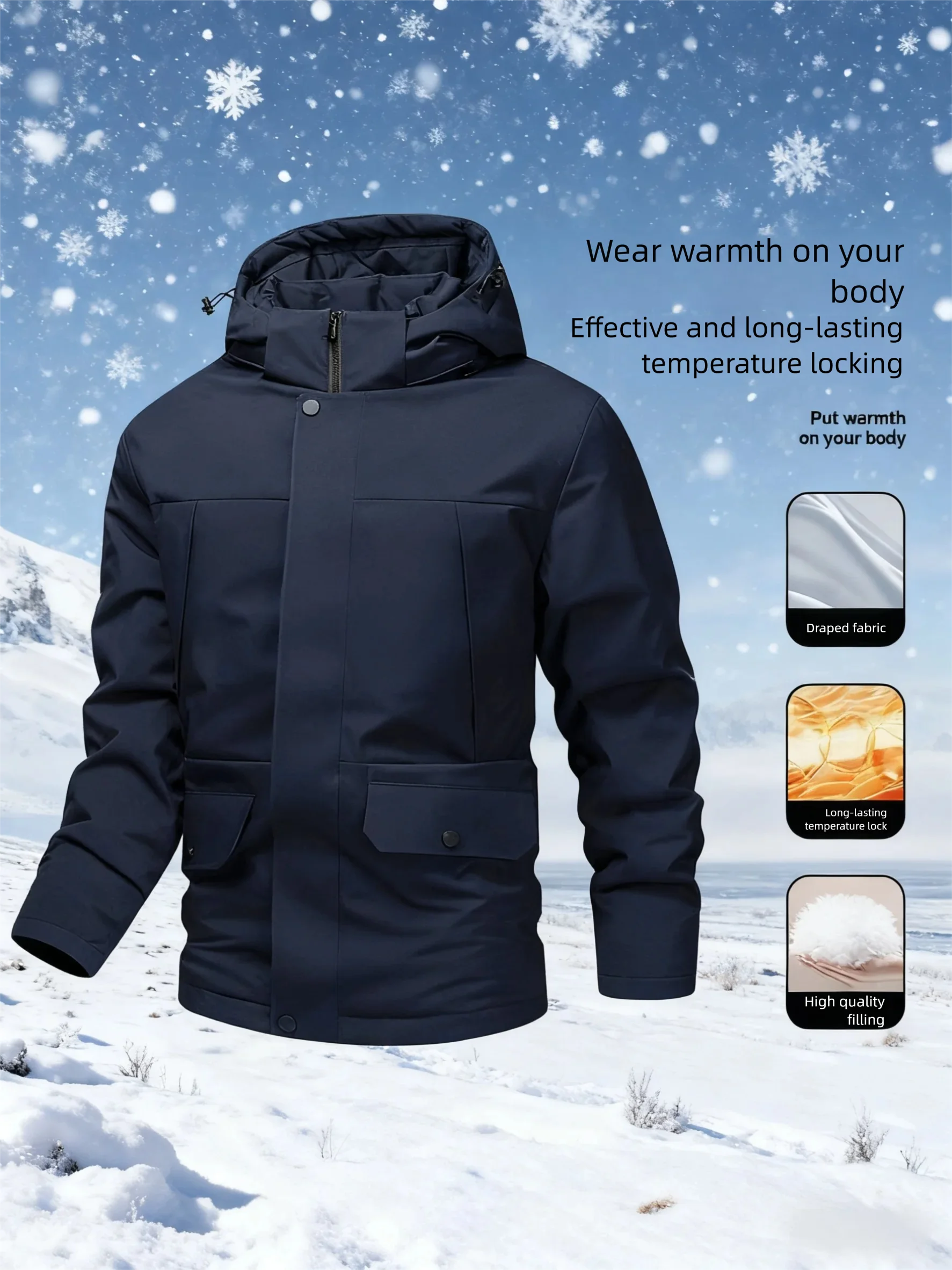 

Thick Warm Men's Winter Coat, Street Style Detachable Hood Puffer Jacket (European Sizing)Water, Wind & Stain Resistant