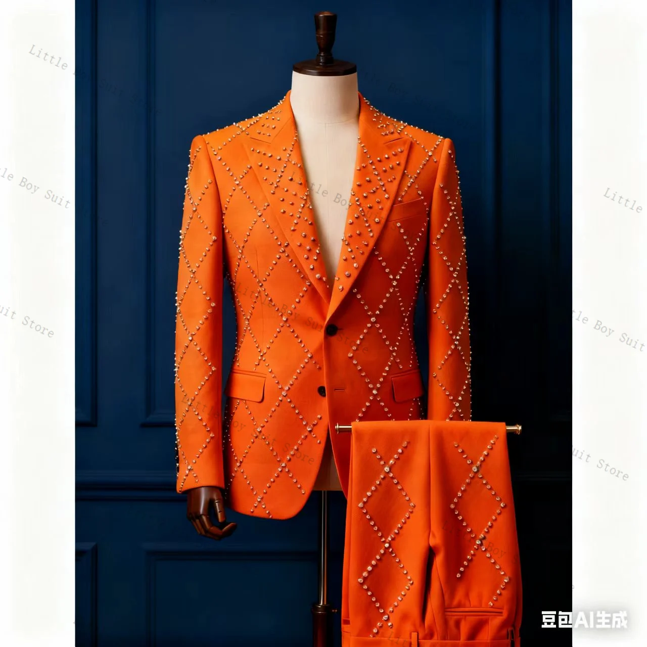 

Orange Crystals Men Suit Set 2 Piece Jacket Blazer Pant Wedding Tuxedo Jacquard Cotton Formal Office Party Coat Customized
