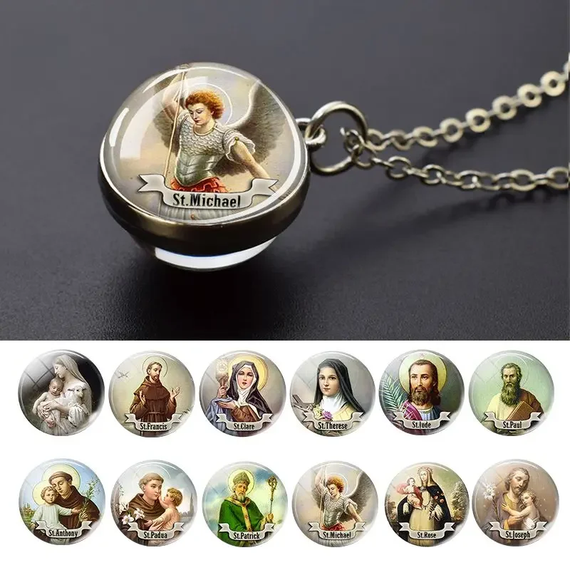 Fashion Jewelry Jesus Virgin Mary Necklace Saint Michael Jude Anthony Patrick Paul Glass Ball Pendant Religious Christian Gift