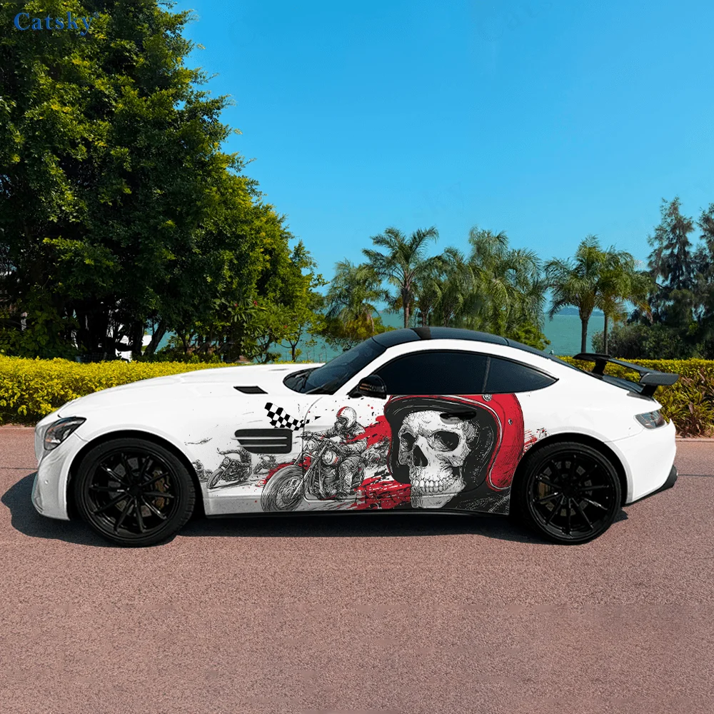 Cool Checkered Skull Rider Car Side Sticker Decor,PVC Waterproof Scratch Resistant Decal,Car Protection,Auto Accessories Gift