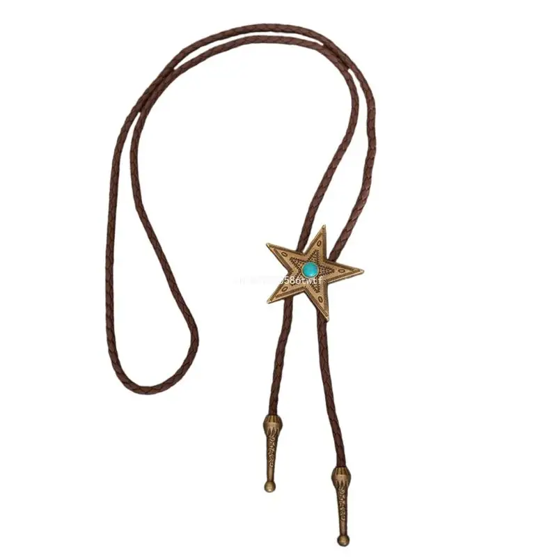 

Western Bolo Tie with Unique Metal Star Turquoises Pendant for Stylish Men's Accessory Leather Cord Necktie Necklace Dropship