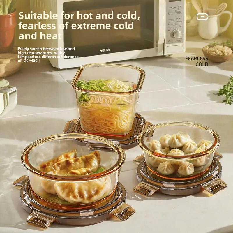 Heatable Glass Lunch Box with Lid Insulated Microwave Safe Fruit Container Freshness Preservation round Shape Stainless Steel...