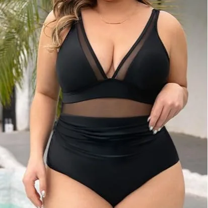 

Solid color sexy one-piece plus size mesh splicing wrinkled swimsuit 2025 new